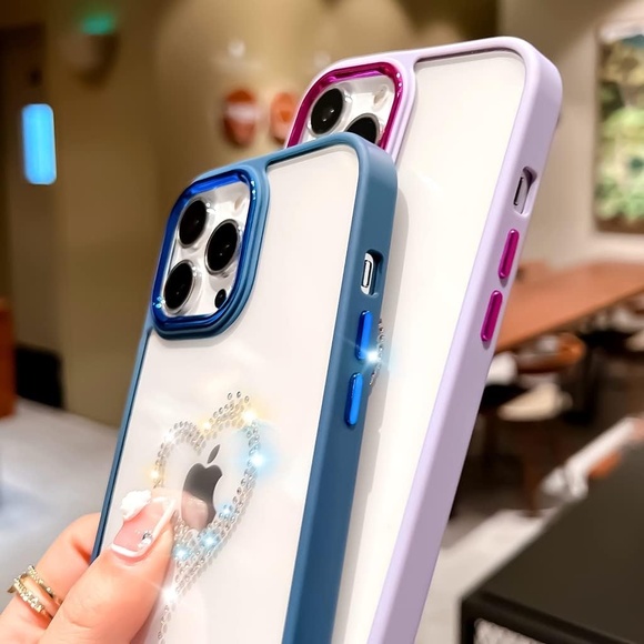 Clear Glitter Case For iPhone 14 Pro Max, Rhinestone Heart Clear Case, 6.7 Inch - Picture 4 of 11